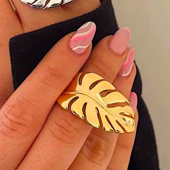 Gold Feather Leaf Leaves Ring Adjustable Stainless Steel Gold Plated - Picture 3 of 8